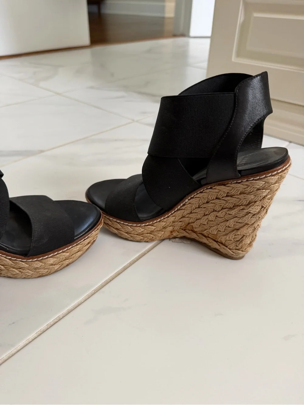 Stuart Weitzman Black Elastic Espadrille Wedge Sandals